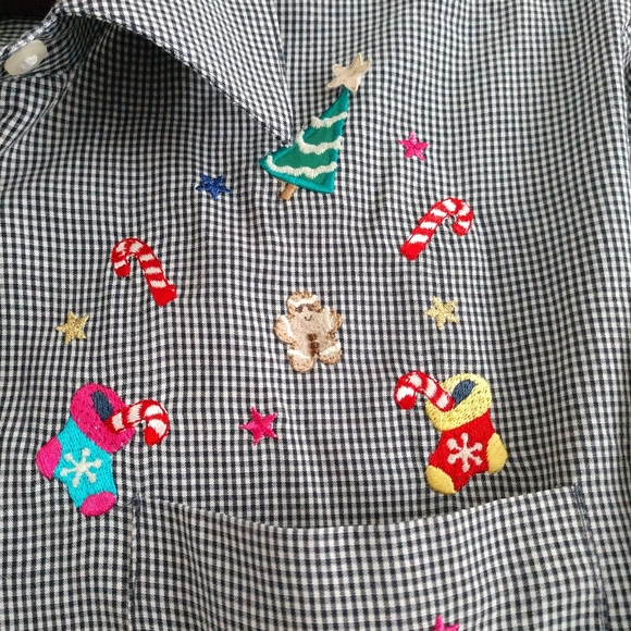 Embroidered Christmas Shirt Black White Gingham Check Snowman Large Chest 42" - Picture 4 of 8